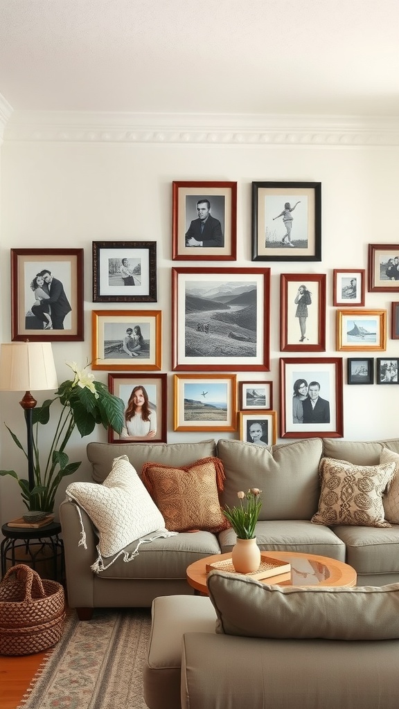 Cozy brown living room with a gallery wall of framed photos and art, featuring plush seating and a plant.