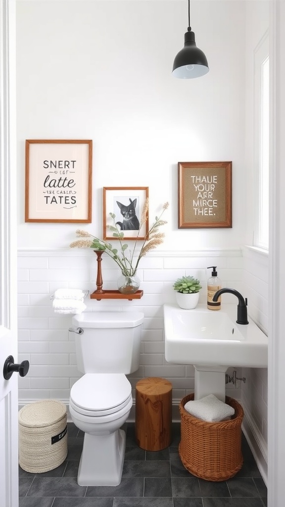 A modern farmhouse bathroom with framed artwork, a small plant, and a cozy decor.