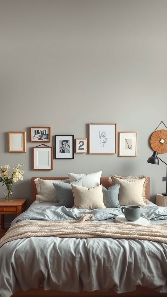 A stylish gray and beige bedroom with a gallery wall, layered pillows, a cozy throw, and a vase of flowers on a nightstand.