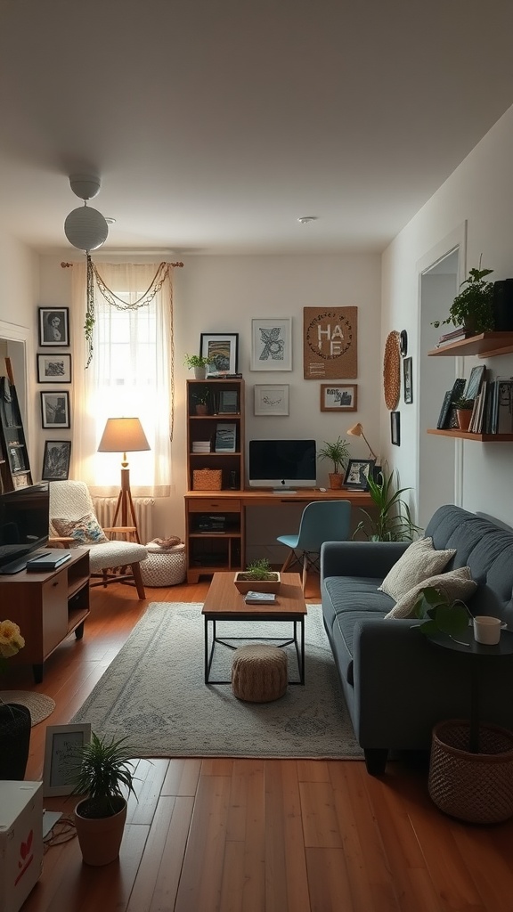 Cozy living room with personalized decor, including plants, wall art, and comfortable furniture.