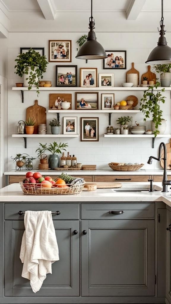 A farmhouse kitchen with family photos on the wall, plants, and kitchen items on shelves.