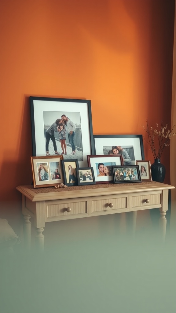 A cozy table with framed family photographs against an orange wall