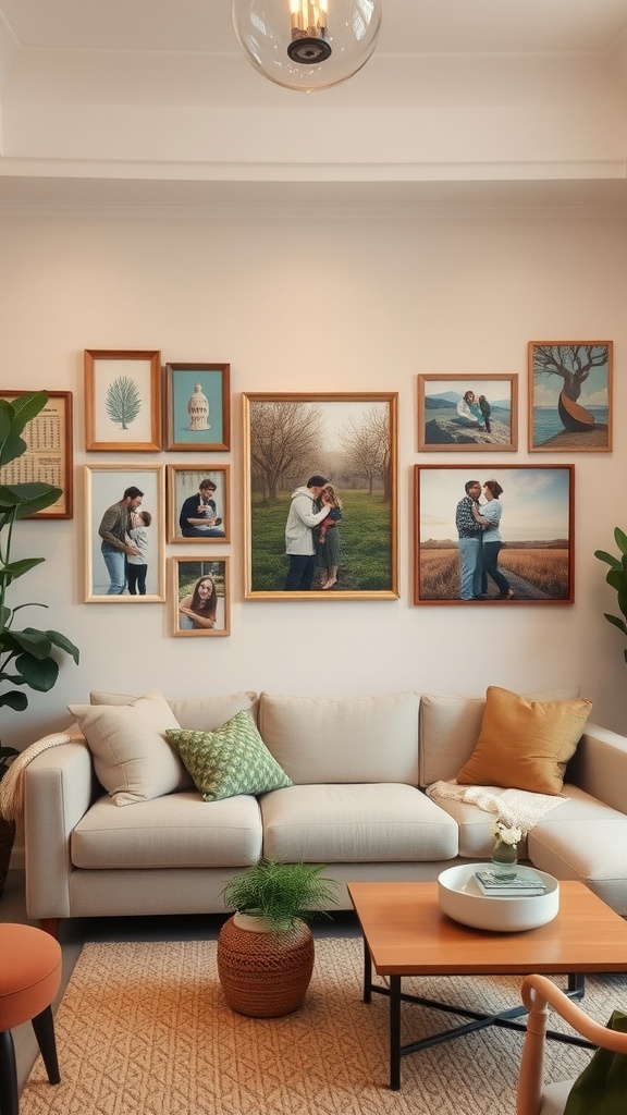 A cozy living room with personalized wall art consisting of family photos and nature-themed paintings.