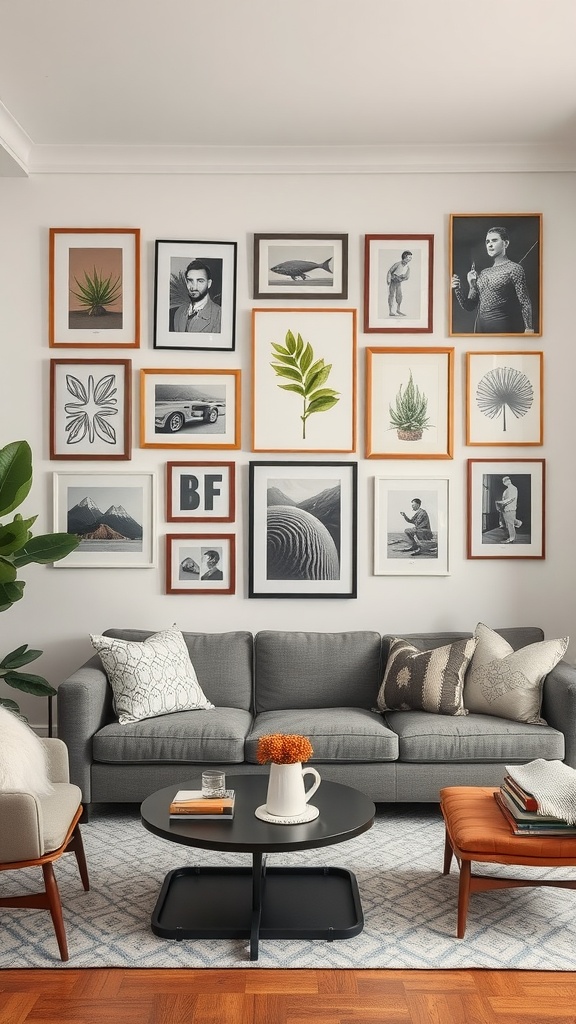 A cozy living room featuring a wall with an eclectic mix of framed artwork, including botanical prints, portraits, and landscapes, above a gray sofa.