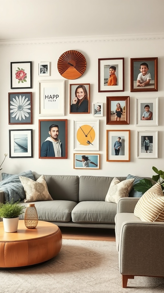 A cozy living room wall art display with a mix of family photos and artistic frames.