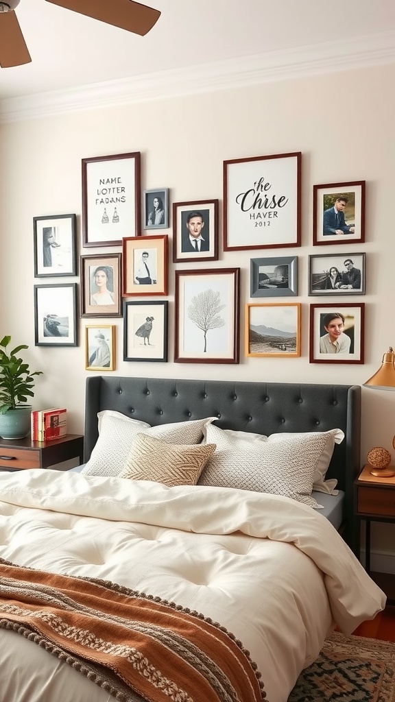 A cozy bedroom featuring a personalized wall art display above a bed with a stylish headboard.