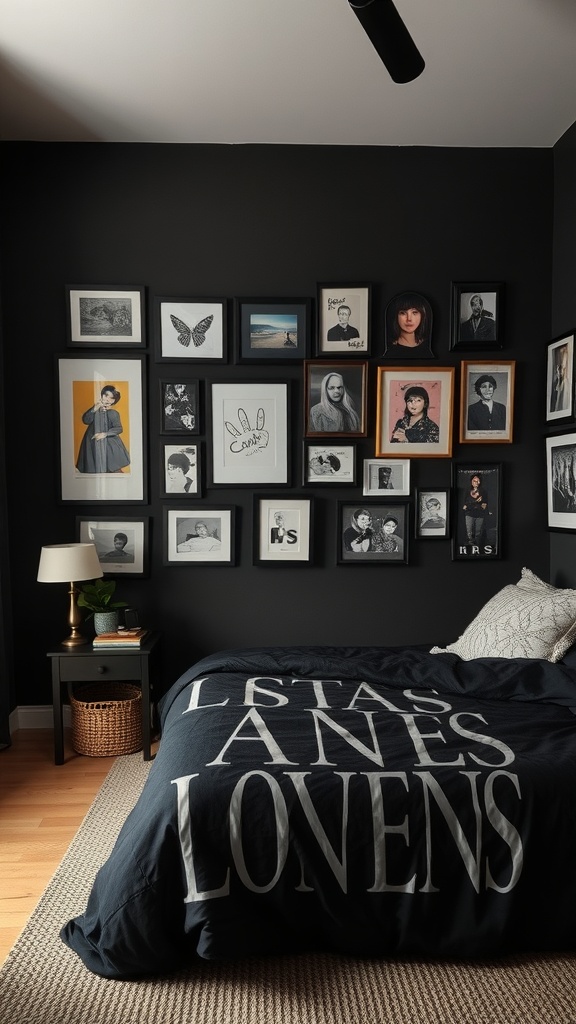A black bedroom featuring a wall art display with various framed pictures and a bed with a dark comforter.