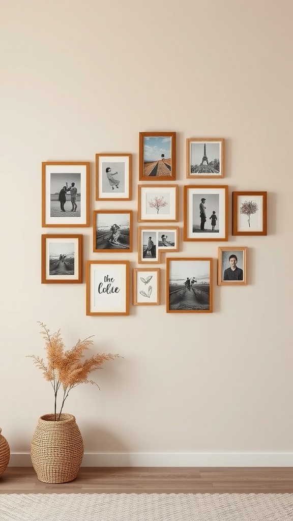 A beige and brown bedroom wall decorated with a collage of framed photos and two woven plant pots.