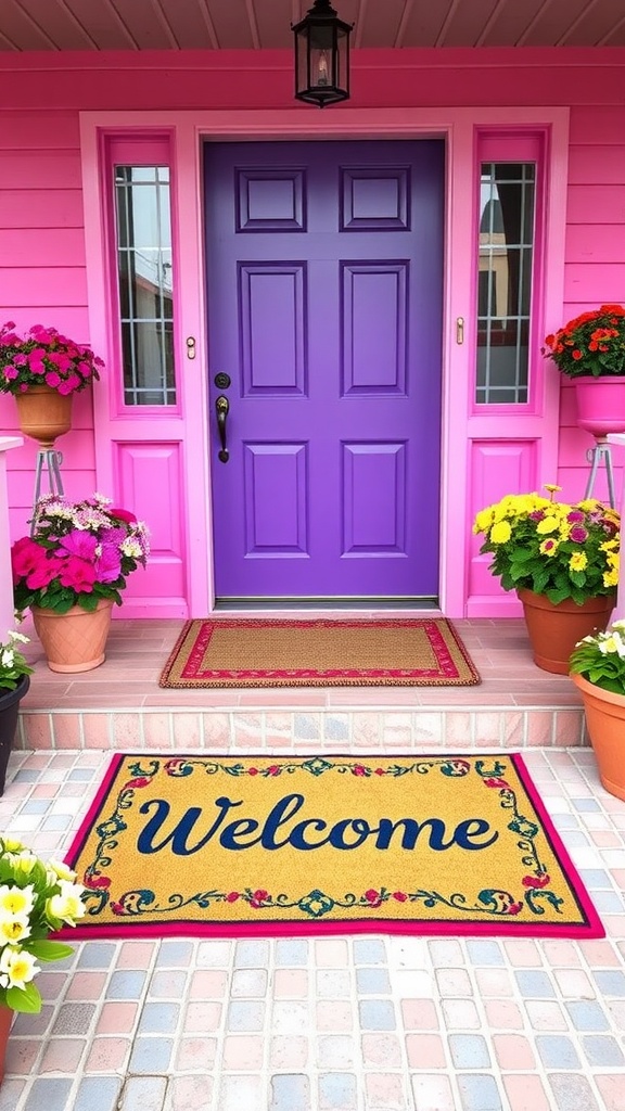 A colorful front porch featuring a welcome mat, purple door, and vibrant flowers.