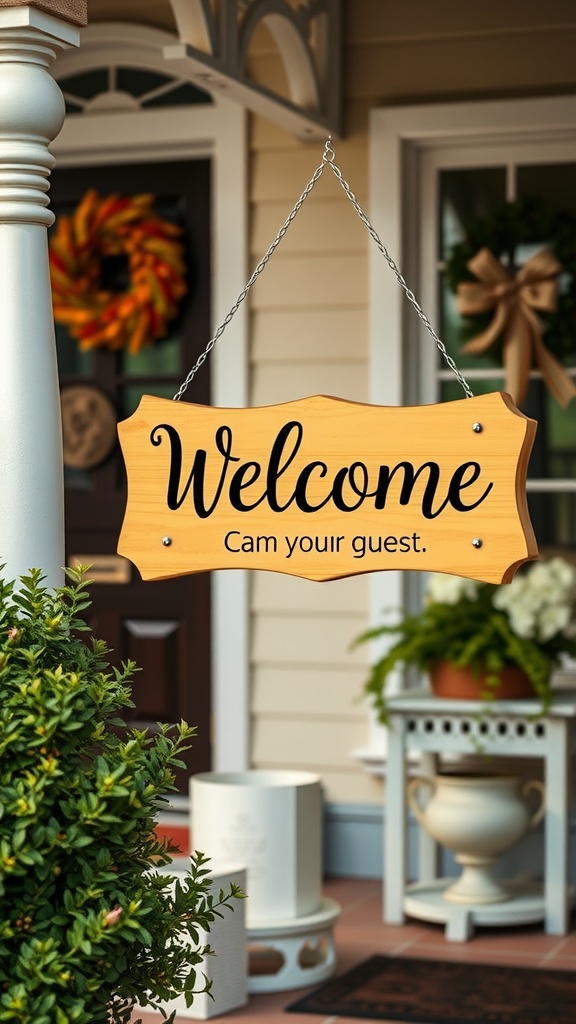 Wooden welcome sign hanging at the entrance of a porch, surrounded by plants.