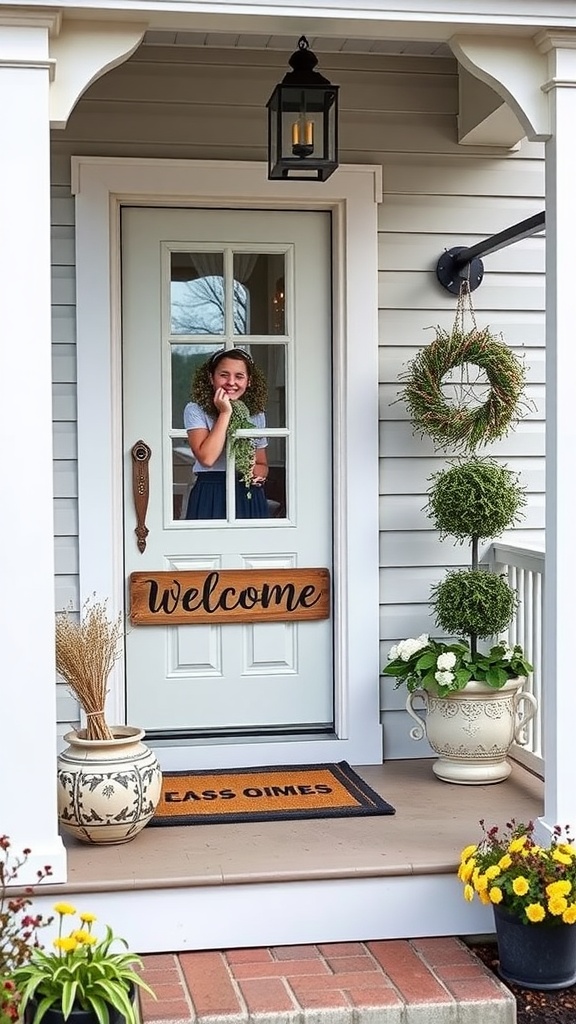 A cheerful girl standing at a porch with a personalized welcome sign, potted plants, and a cozy atmosphere.