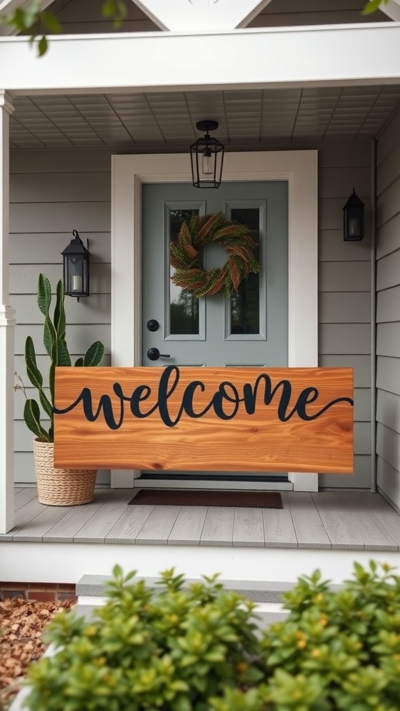 A front porch with a personalized wooden welcome sign, potted plants, and a stylish door.