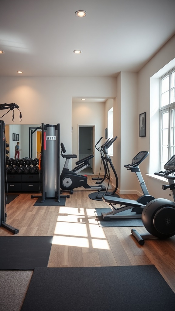 A well-organized home gym featuring various workout equipment including a multi-gym, elliptical, and stationary bike, with natural light coming through the windows.