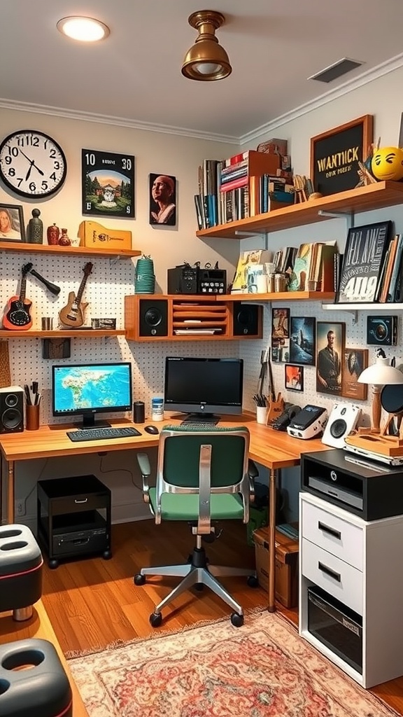 A cozy hobby room with wooden furniture, two desks, and personal decorations.