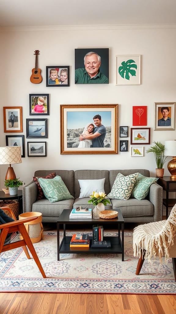 A cozy living room with family photos on the walls, a comfortable couch with decorative pillows, and a coffee table with books and plants.