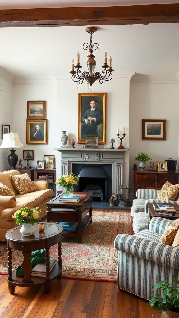Cozy English living room with framed portraits, classic furniture, and floral arrangements.