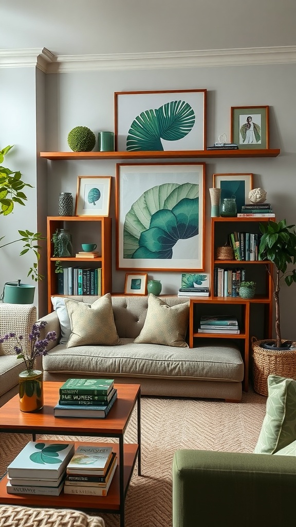A green aesthetic living room featuring plants, artwork, and cozy furnishings.