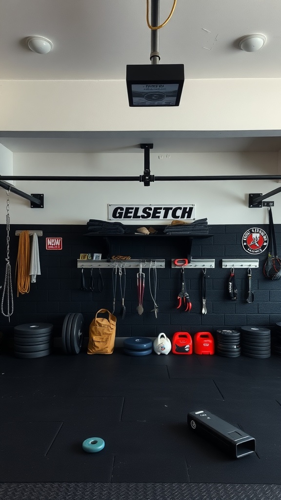A black garage gym featuring weights, equipment, and organized storage.