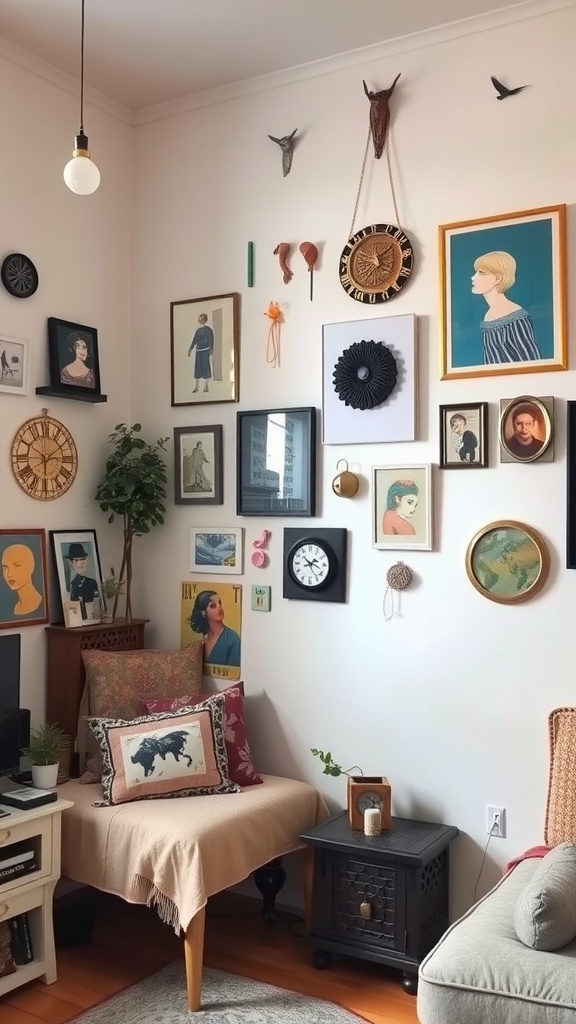 A cozy studio apartment corner featuring various framed artworks, a comfortable chair, decorative items, and a small plant.