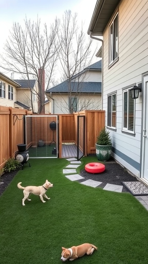 A pet-friendly backyard with a green lawn, pathways, and a cozy dog bed.