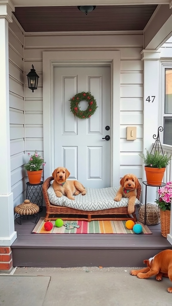 A small porch with two dogs on a bed, colorful balls, and potted plants.