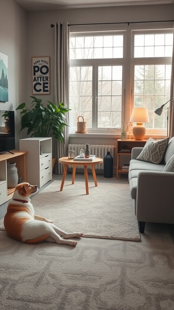A cozy living room with a dog lying on a soft rug, showcasing pet-friendly design elements.