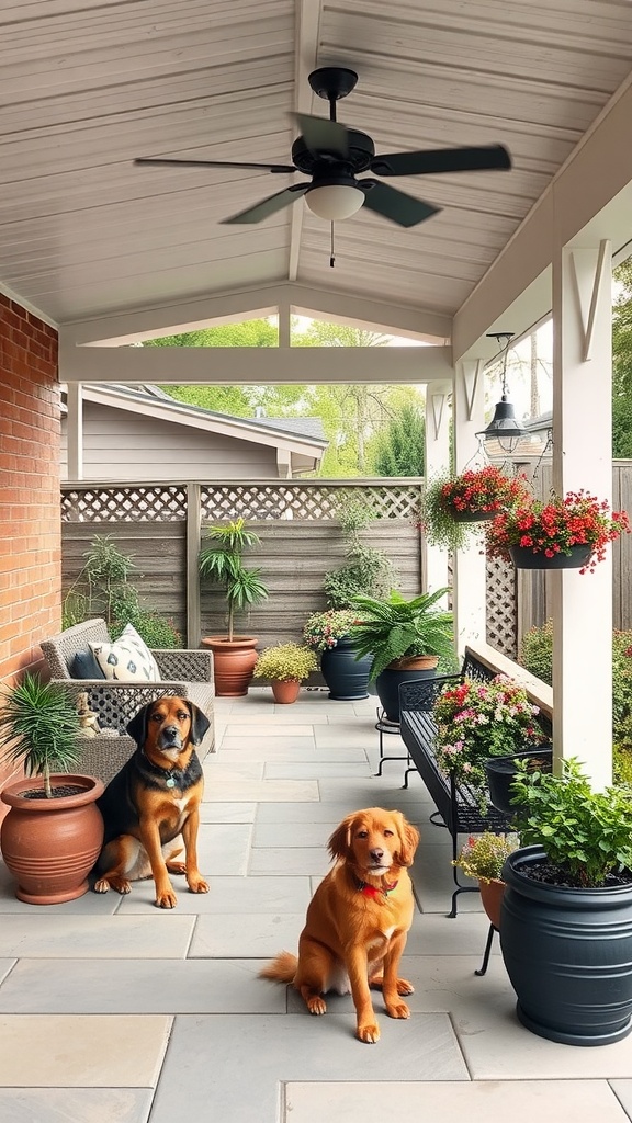 A covered patio with two dogs sitting on a stone floor surrounded by plants and comfortable seating.