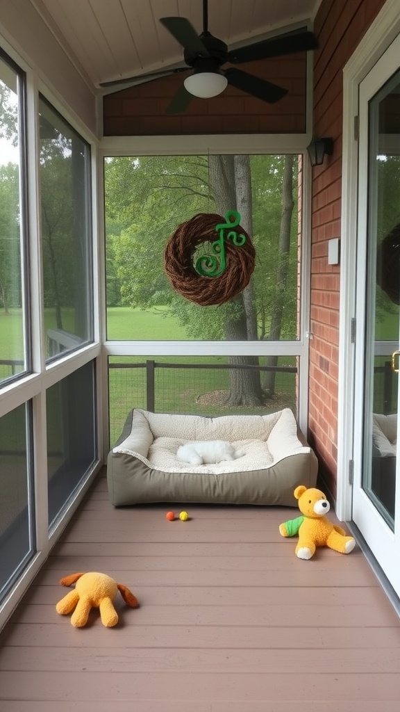 A pet-friendly lounge area on a screened-in porch with a bed, toys, and a ceiling fan.