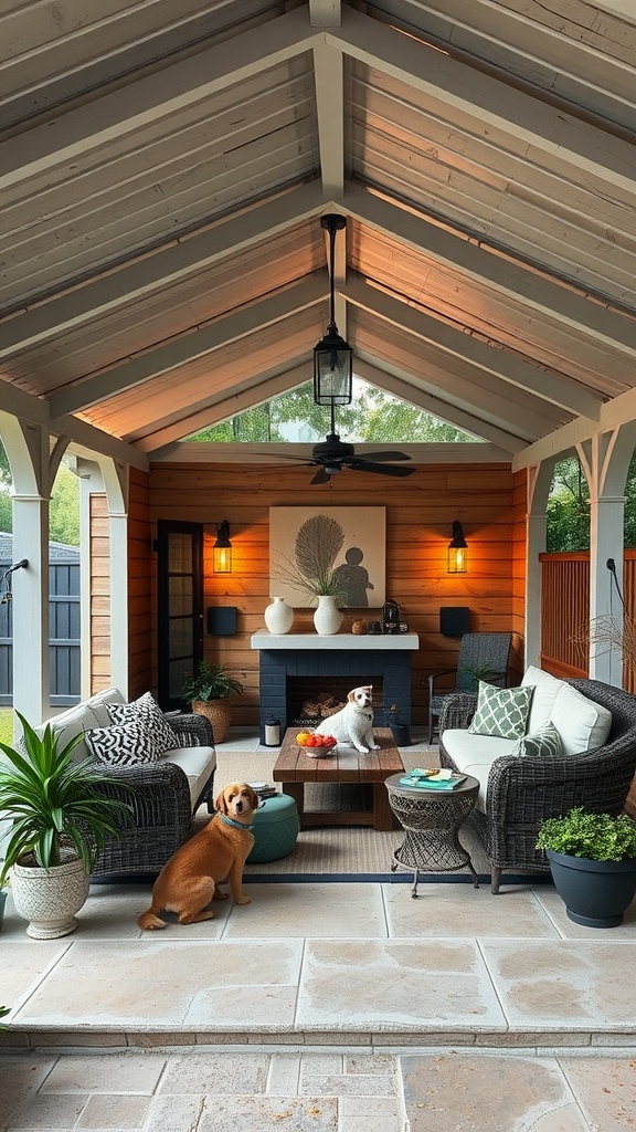 A cozy covered patio with two dogs, comfortable seating, and plants.