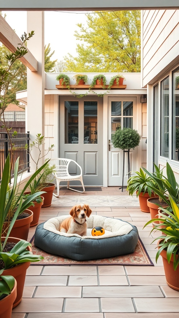 A dog resting on a soft bed surrounded by plants on a patio.