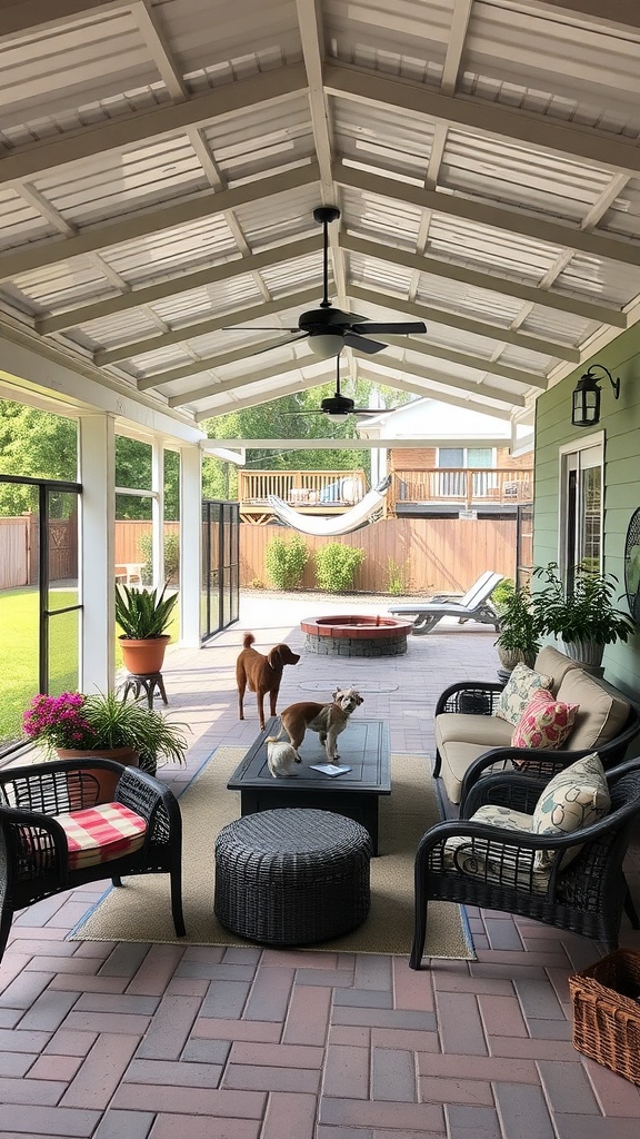 A spacious covered patio with comfortable seating, potted plants, and two dogs playing.