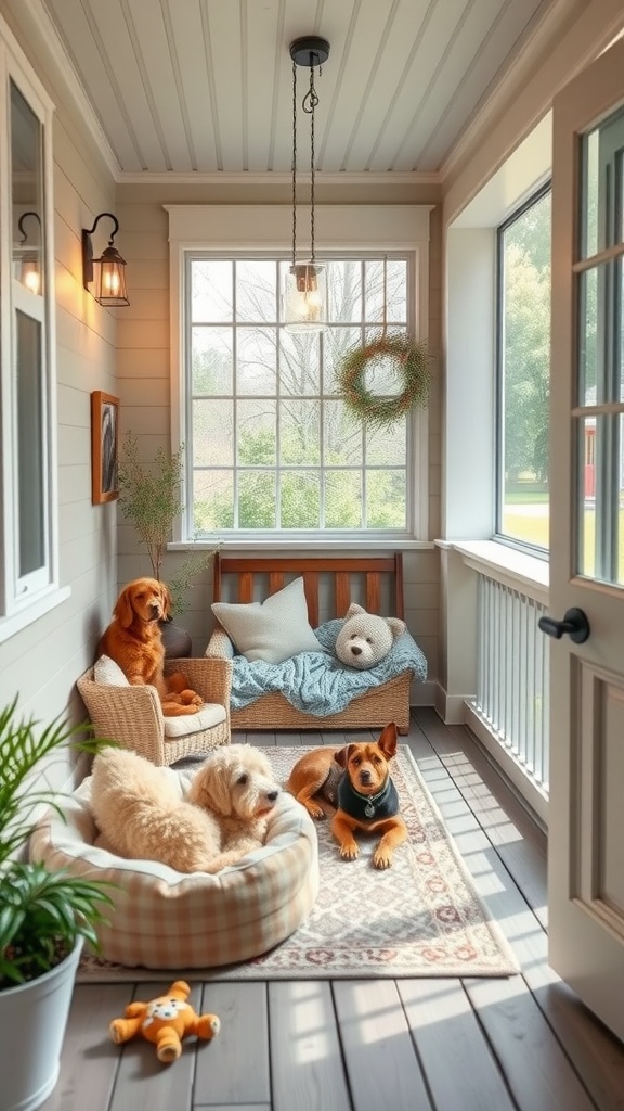 A cozy enclosed porch with pets relaxing on a bed and furniture