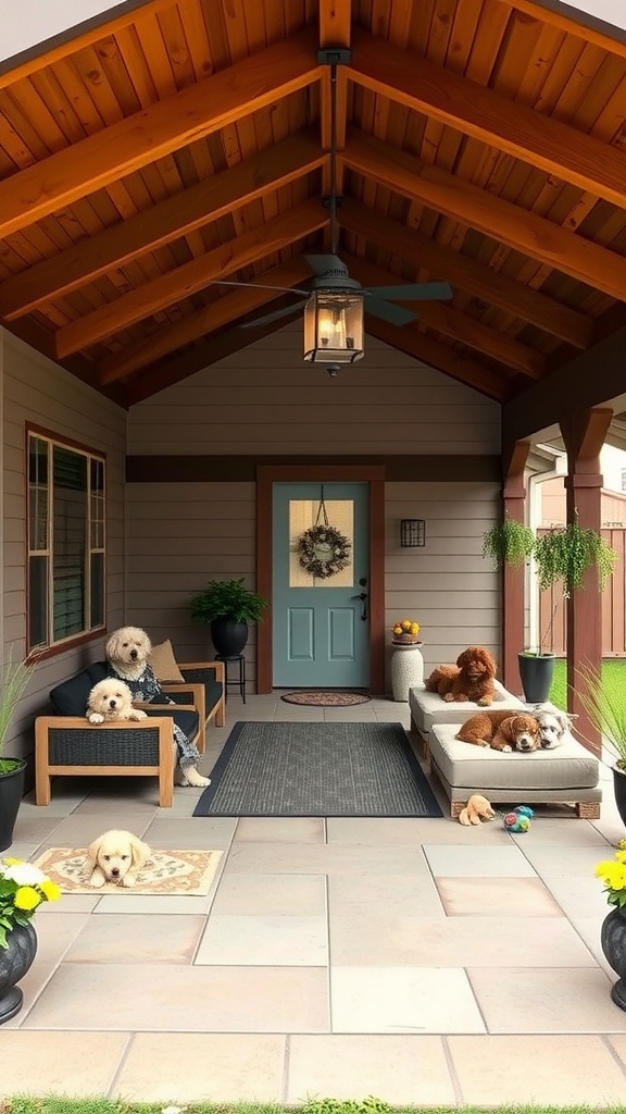 A covered patio featuring multiple dogs relaxing on furniture and rugs.