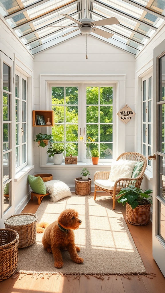A cozy sunroom with a dog sitting on a rug, surrounded by plants and sunlight.