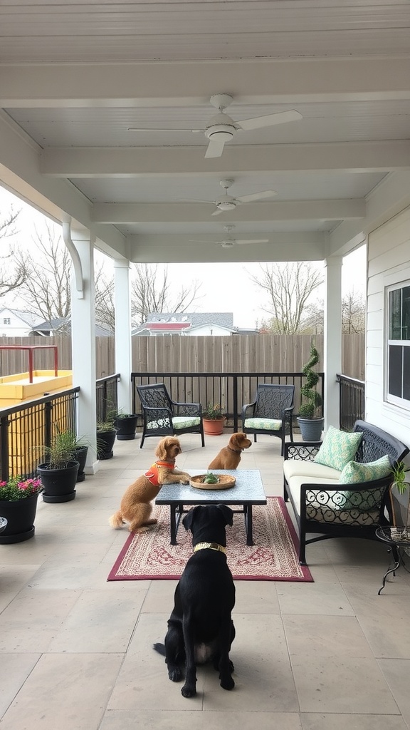 A covered patio with three dogs sitting around a table, showcasing a pet-friendly space.