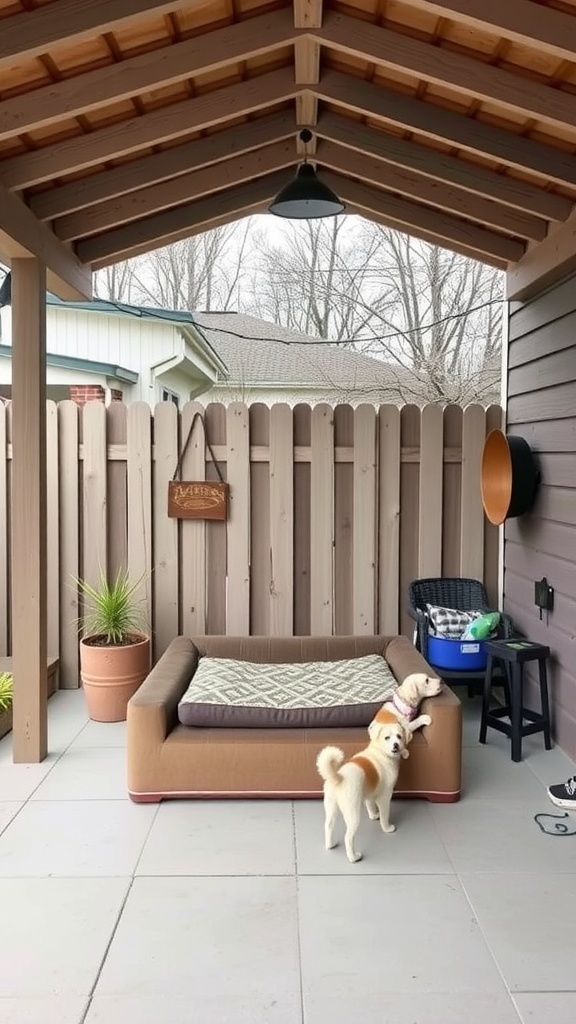A cozy covered patio with a dog bed and two dogs playing, surrounded by plants and a fence.