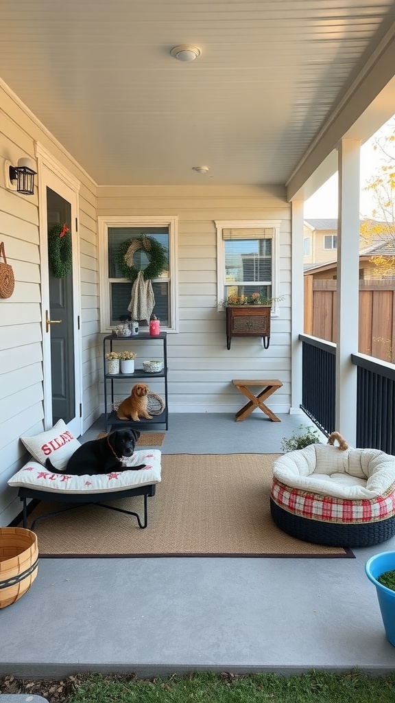 A pet-friendly back porch with two cozy dog beds, a rug, and decorative elements.