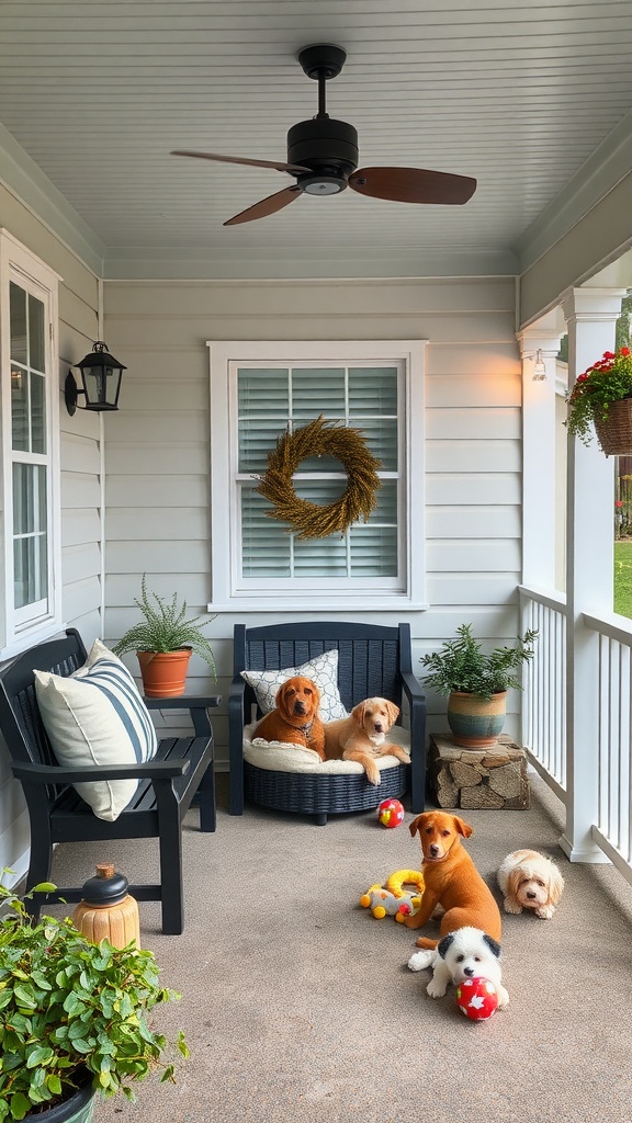 A pet-friendly back porch with comfortable seating, playful dogs, and greenery.