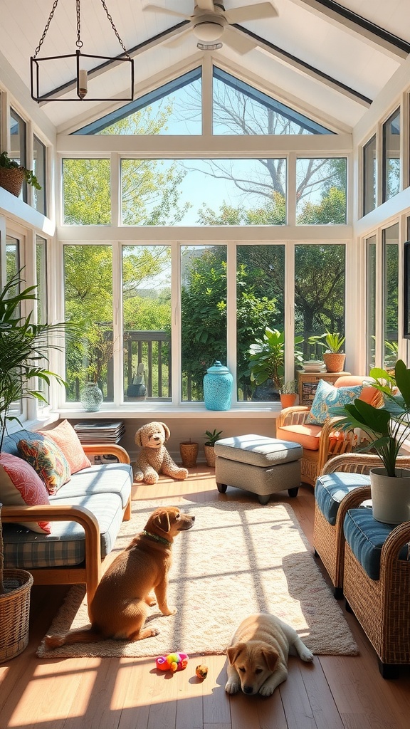 Bright and airy sunroom with two relaxed dogs, colorful cushions, and potted plants