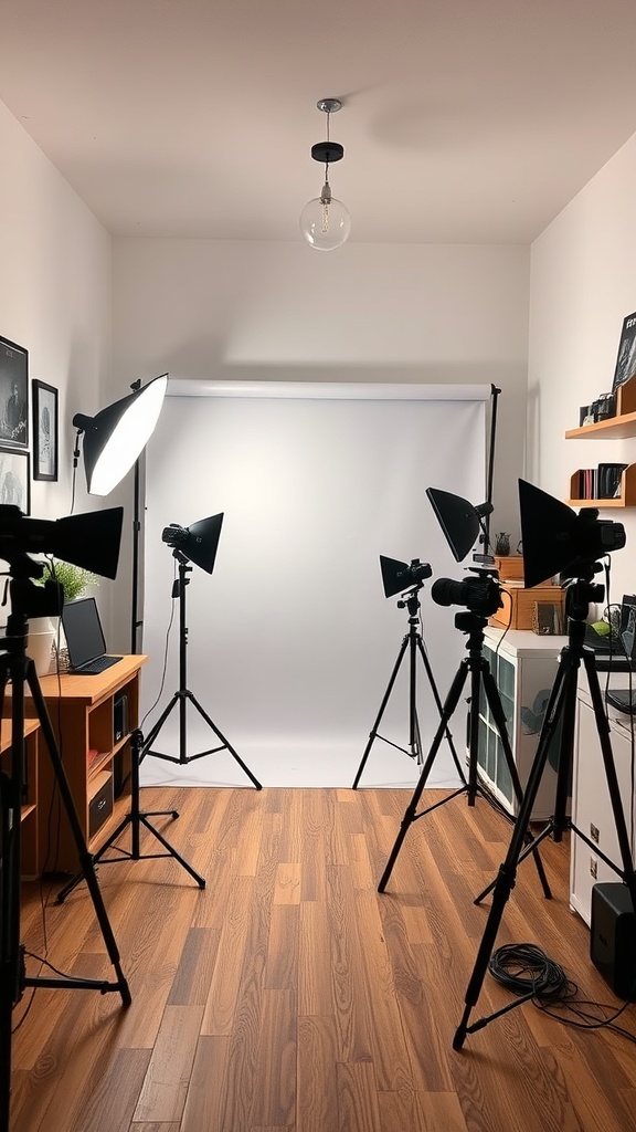 A photography setup with multiple tripods and softbox lights in a small hobby room.