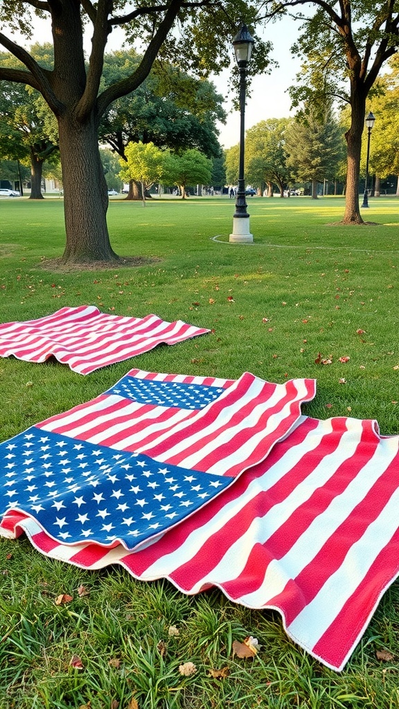 An outdoor scene with picnic blankets featuring red, white, and blue patterns laid out on green grass.