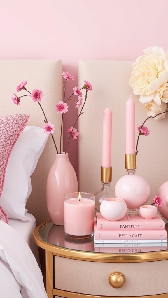 A pink-themed bedroom with flowers, candles, and colorful books on a bedside table.