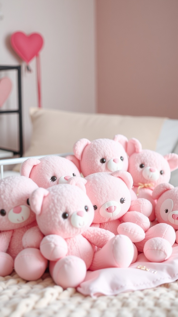 A collection of pink plush teddy bears on a bed in a girly pink bedroom