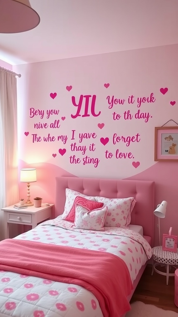 A girly pink bedroom featuring playful wall decals with whimsical quotes and small hearts.