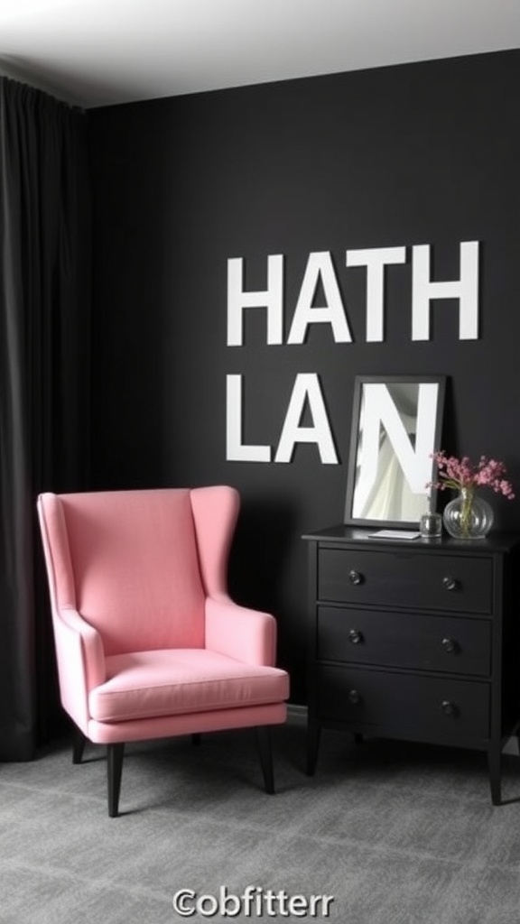 A pink accent chair in a black room with a black dresser and decorative elements.