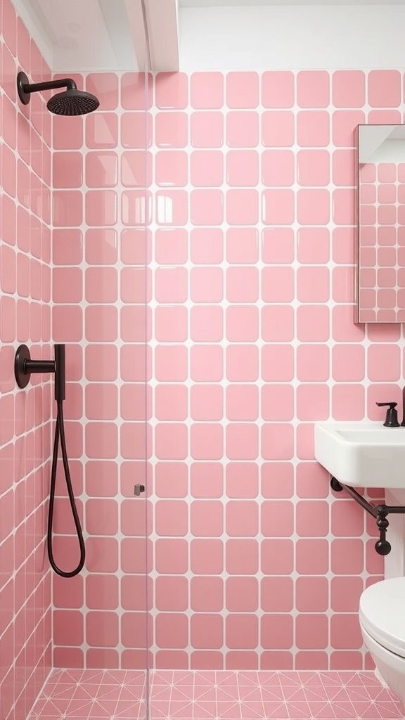A modern bathroom featuring pink accent tiles with a black showerhead and minimalist sink