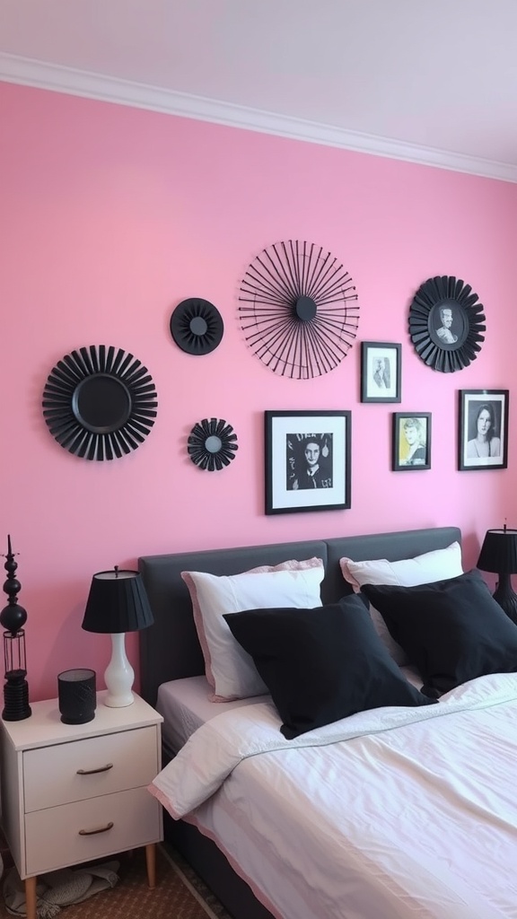 A bedroom featuring a pink accent wall decorated with black decor elements, including wall art and lamps.