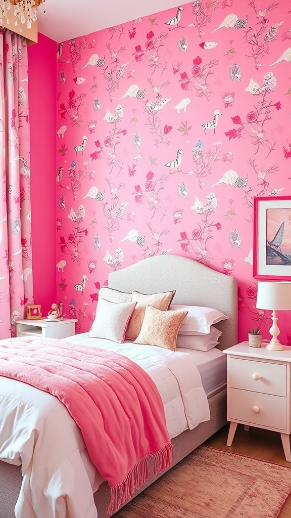 A pink accent wall with whimsical wallpaper in a cozy bedroom setting.
