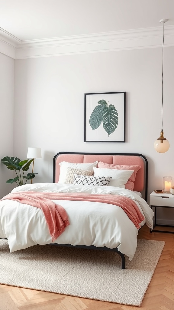 A stylish bedroom featuring a black bed frame with pink accents, white bedding, and a leafy wall art.