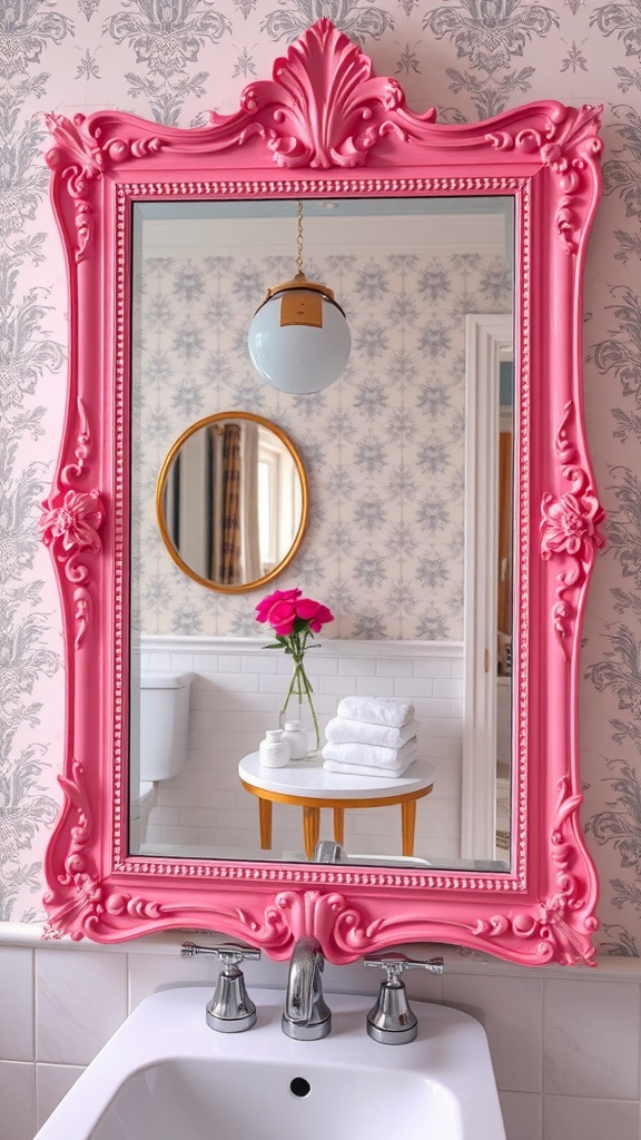 A vibrant pink ornate mirror reflecting a stylish bathroom with floral decor and soft wallpaper.
